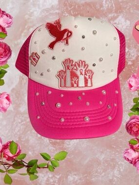 Girls Breast Cancer Pink and White Embellished Trucker Hat - Brand